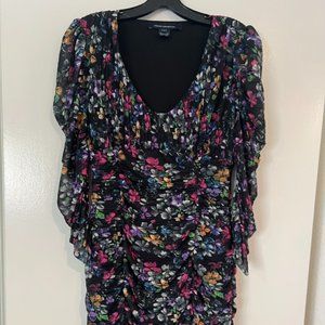 French Connection Floral Rouged Dress with Sheer Sleeves - Size 12